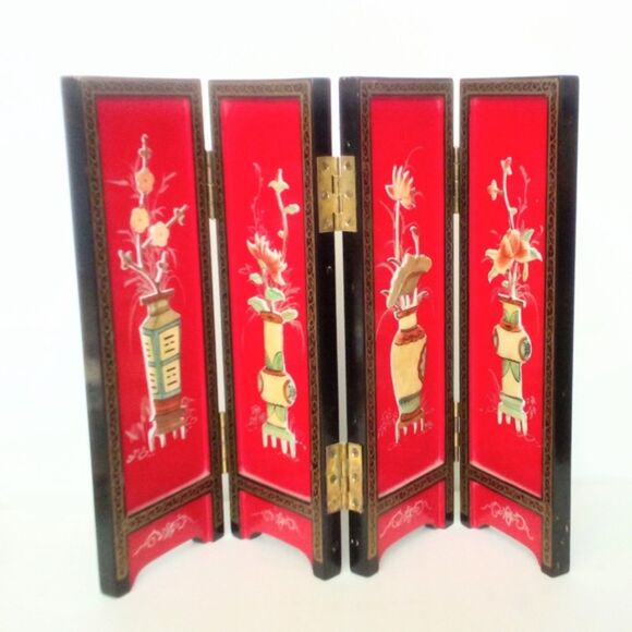 Asian Laquer Ware Stone Inlaid Table Top Folding Screen - Picture 1 of 4
